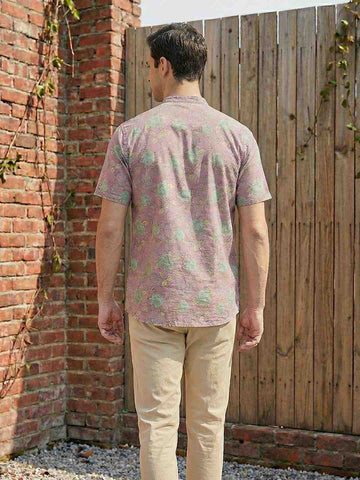 Men's Mauve Floral Print Short Kurta – Half Sleeve Cotton Blend