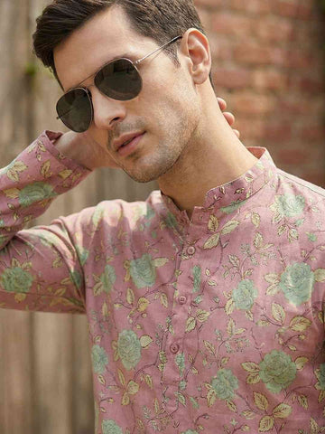 Men's Mauve Floral Print Short Kurta – Half Sleeve Cotton Blend