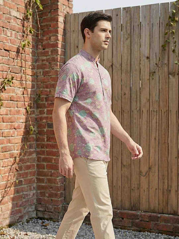Men's Mauve Floral Print Short Kurta – Half Sleeve Cotton Blend