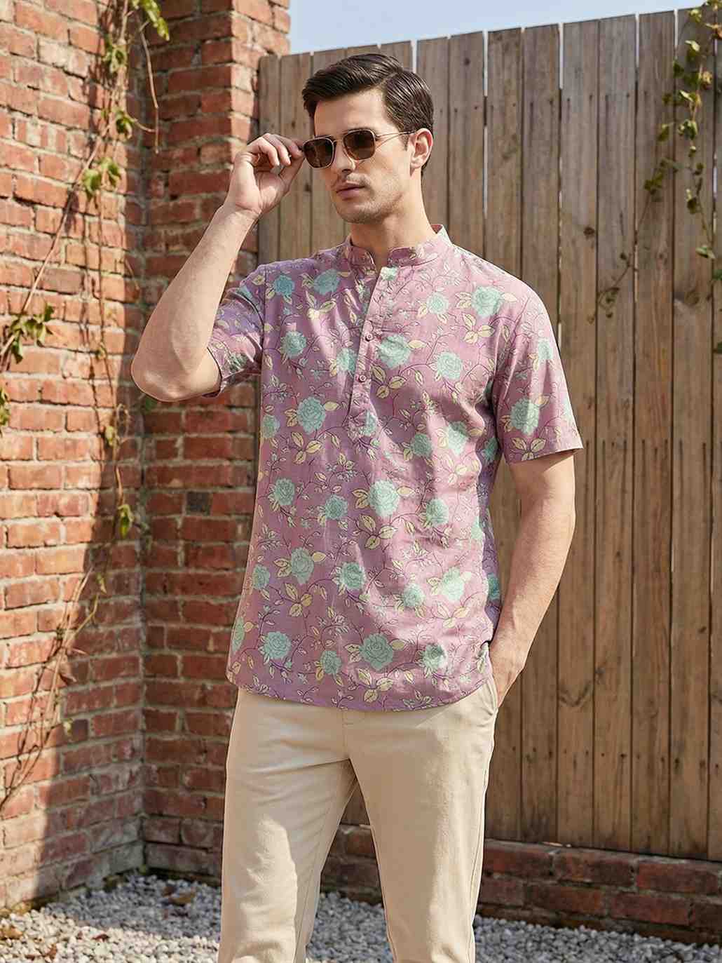 Men's Mauve Floral Print Short Kurta – Half Sleeve Cotton Blend