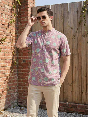 Men's Mauve Floral Print Short Kurta – Half Sleeve Cotton Blend