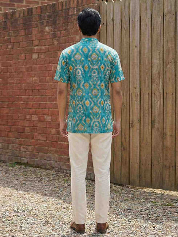 Men's Turquoise Ikat Print Cotton Short Kurta