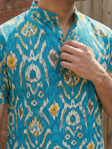 Men's Turquoise Ikat Print Cotton Short Kurta