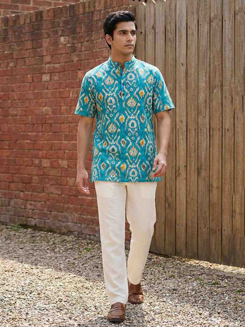 Men's Turquoise Ikat Print Cotton Short Kurta