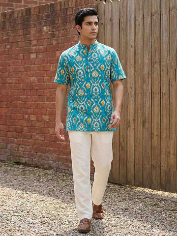 Men's Turquoise Ikat Print Cotton Short Kurta
