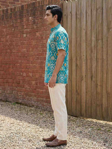 Men's Turquoise Ikat Print Cotton Short Kurta