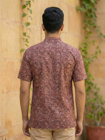 Men's Maroon Kalamkari Print Cotton Short Kurta
