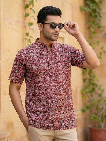 Men's Maroon Kalamkari Print Cotton Short Kurta