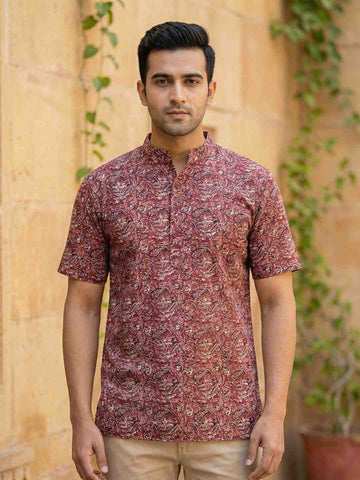 Men's Maroon Kalamkari Print Cotton Short Kurta