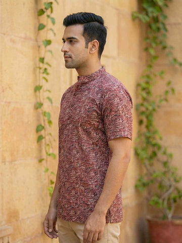 Men's Maroon Kalamkari Print Cotton Short Kurta