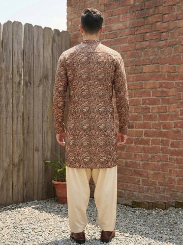 Men's Earthy Brown Kalamkari Print Cotton Kurta