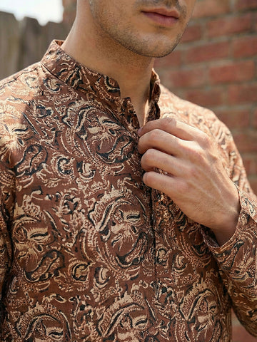 Men's Earthy Brown Kalamkari Print Cotton Kurta
