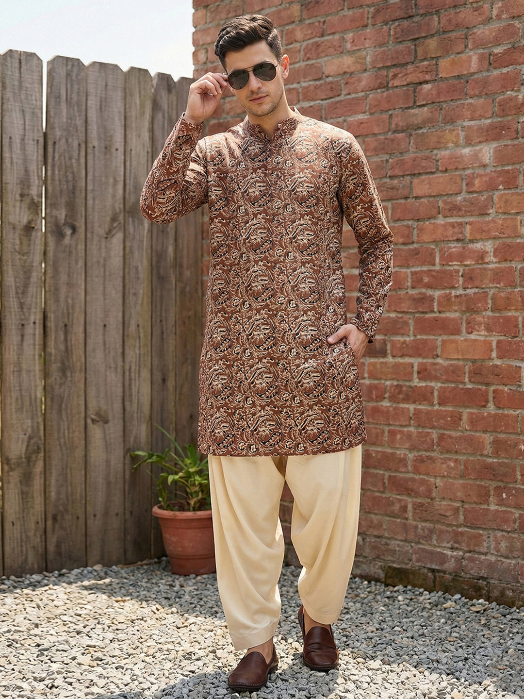Men's Earthy Brown Kalamkari Print Cotton Kurta