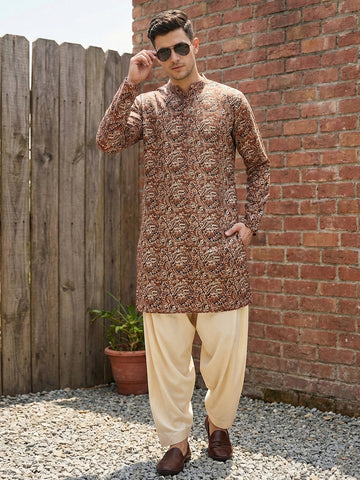 Men's Earthy Brown Kalamkari Print Cotton Kurta
