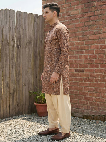 Men's Earthy Brown Kalamkari Print Cotton Kurta