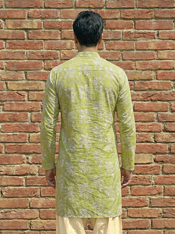 Men's Olive Green Floral Printed Cotton Kurta