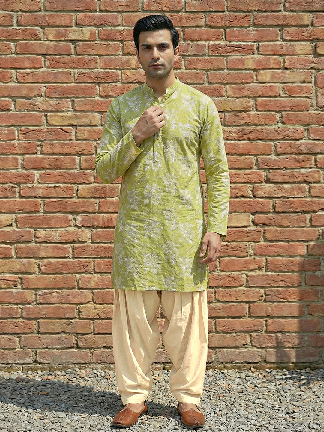 Men's Olive Green Floral Printed Cotton Kurta