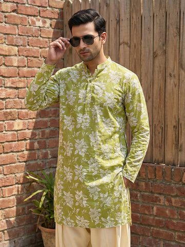 Men's Olive Green Floral Printed Cotton Kurta