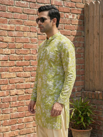 Men's Olive Green Floral Printed Cotton Kurta