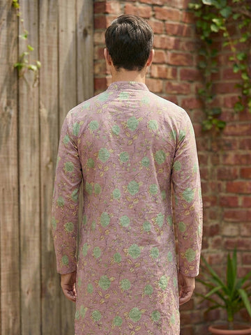 Men's Onion Pink Floral Printed Cotton Kurta
