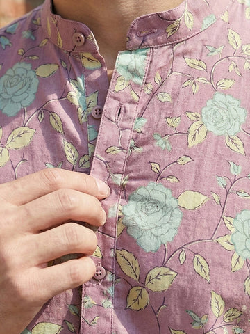 Men's Onion Pink Floral Printed Cotton Kurta
