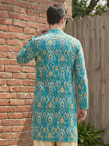 Men's Turquoise Blue Ikat Print Cotton Kurta