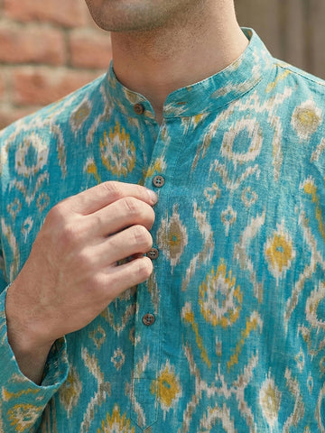 Men's Turquoise Blue Ikat Print Cotton Kurta