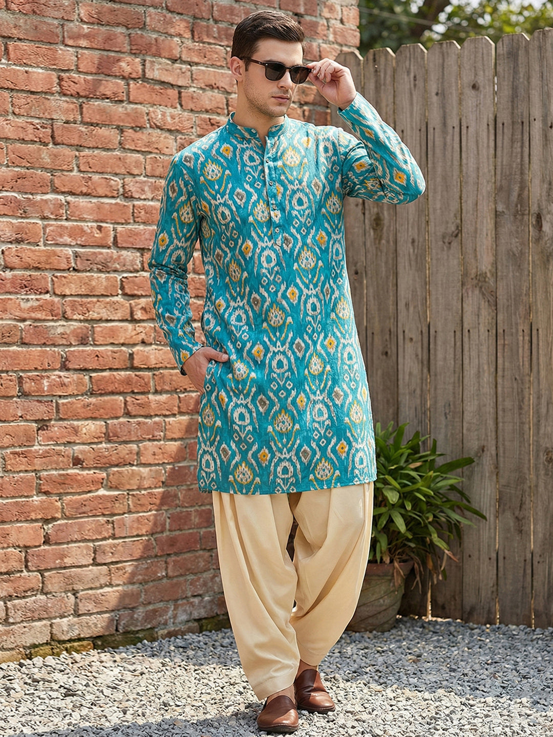 Men's Turquoise Blue Ikat Print Cotton Kurta