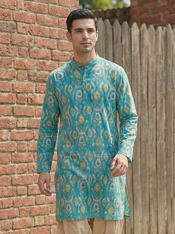 Men's Turquoise Blue Ikat Print Cotton Kurta
