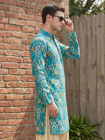 Men's Turquoise Blue Ikat Print Cotton Kurta