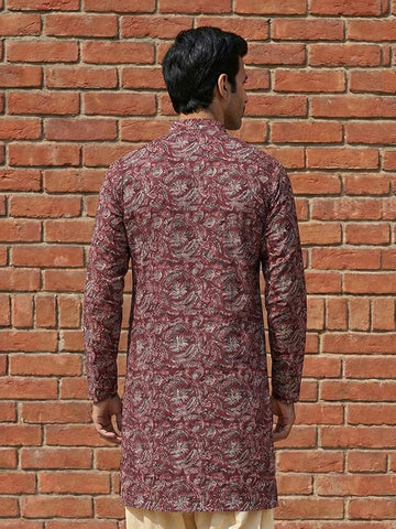 Men's Maroon Floral Kalamkari Print Cotton Kurta