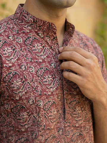 Men's Maroon Floral Kalamkari Print Cotton Kurta