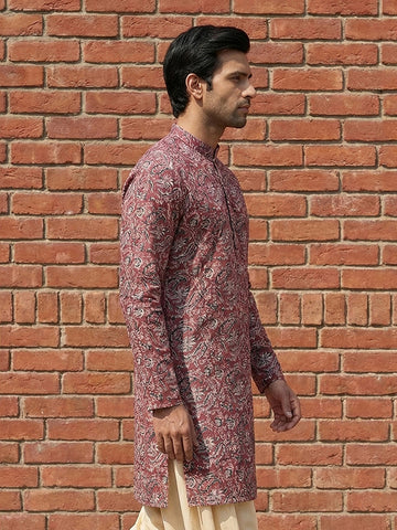 Men's Maroon Floral Kalamkari Print Cotton Kurta