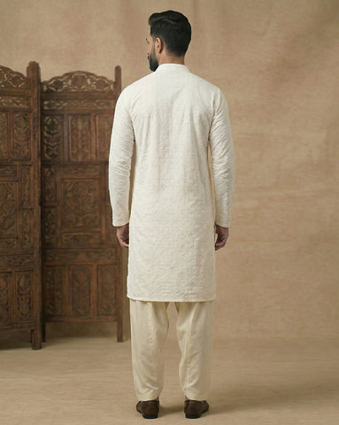 Premium Off-White Chikankari Cotton Kurta for Men