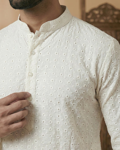 Premium Off-White Chikankari Cotton Kurta for Men