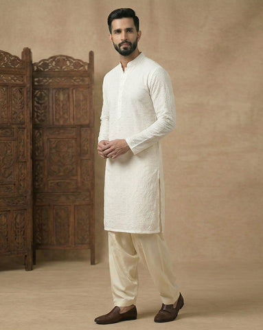 Premium Off-White Chikankari Cotton Kurta for Men