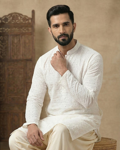Premium Off-White Chikankari Cotton Kurta for Men
