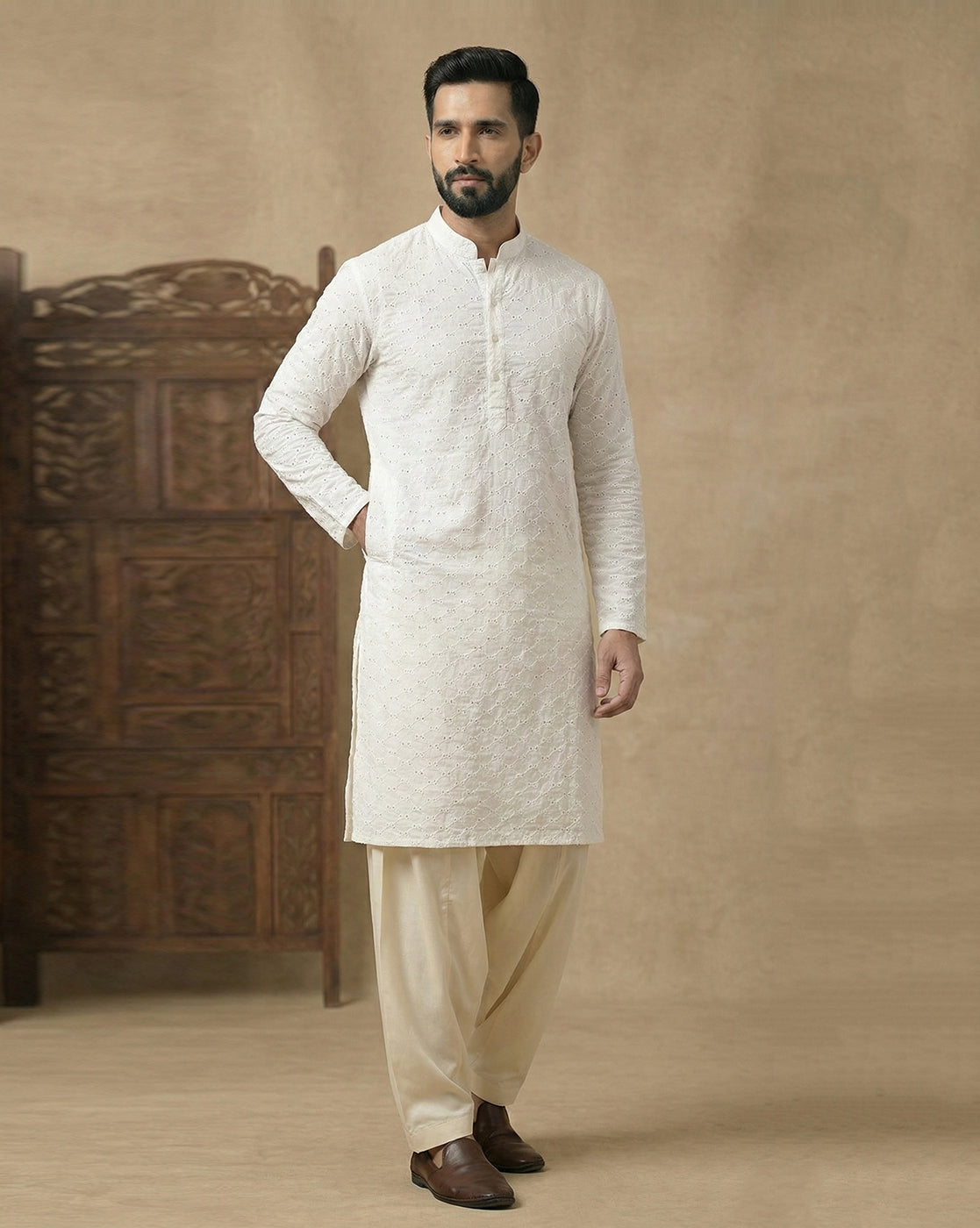 Premium Off-White Chikankari Cotton Kurta for Men