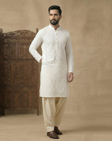 Premium Off-White Chikankari Cotton Kurta for Men