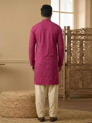 Men's Magenta Chikankari Textured Cotton Kurta