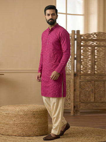 Men's Magenta Chikankari Textured Cotton Kurta