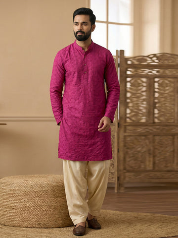 Men's Magenta Chikankari Textured Cotton Kurta