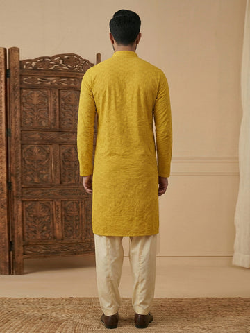 Men's Mustard Yellow Chikankari Cotton Kurta