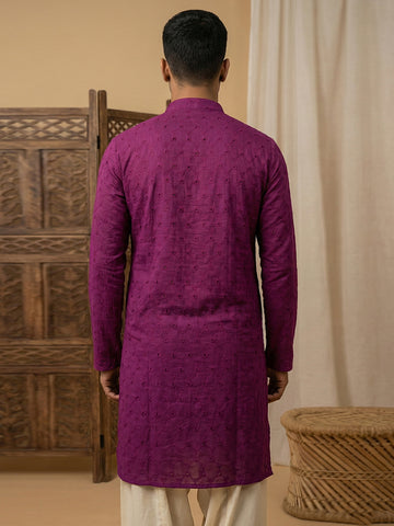 Men's Plum Purple Embroidered Cotton Kurta