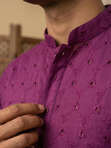 Men's Plum Purple Embroidered Cotton Kurta