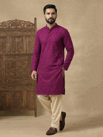 Men's Plum Purple Embroidered Cotton Kurta