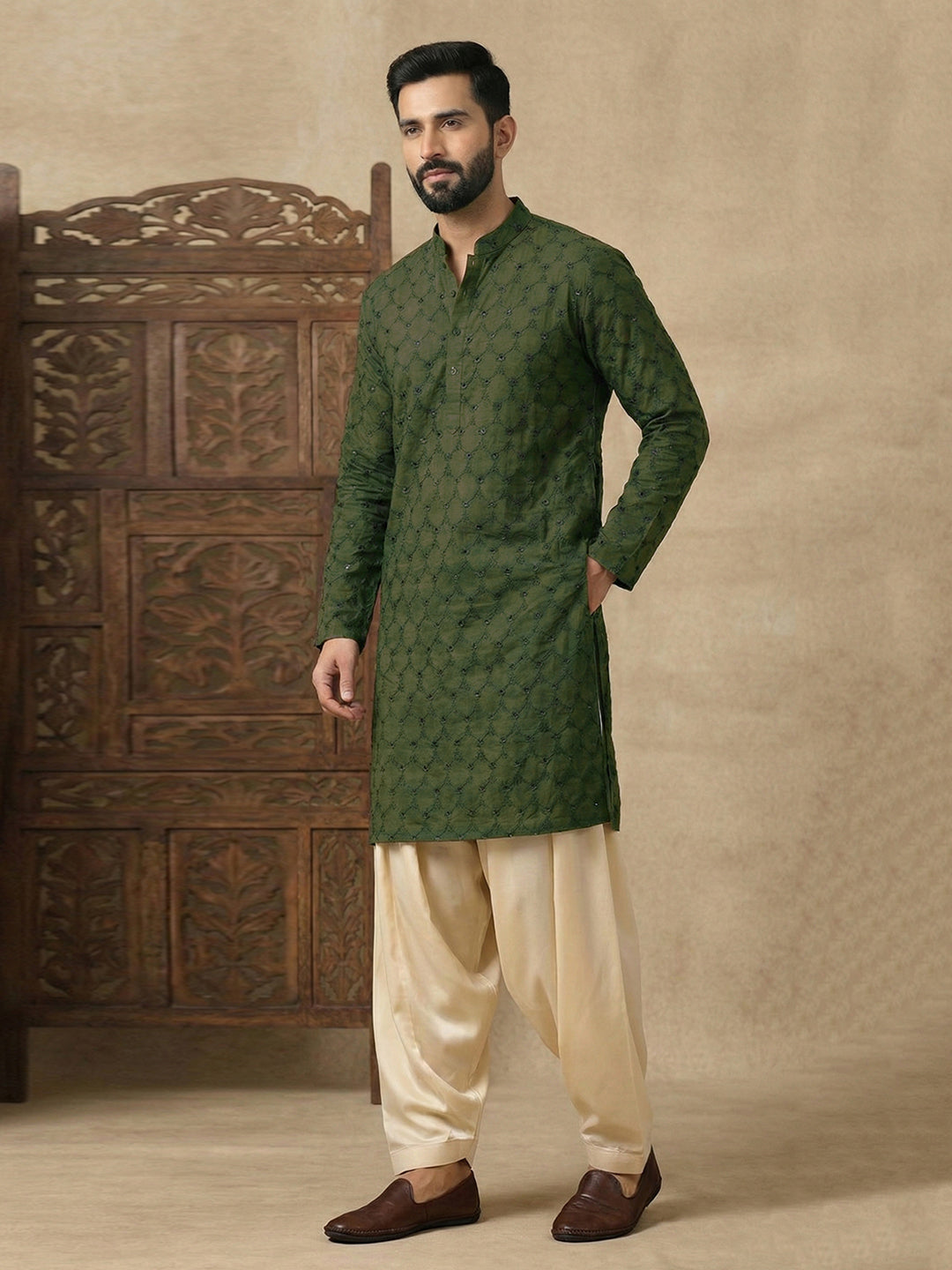 Men's Olive Green Chikankari Embroidered Cotton Kurta