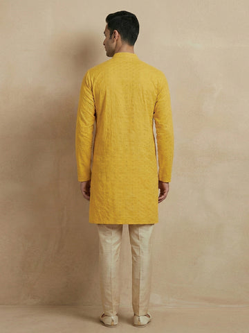 Vibrant Yellow Embroidered Cotton Kurta for Men