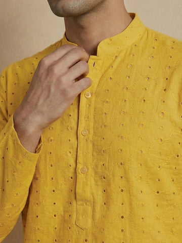 Vibrant Yellow Embroidered Cotton Kurta for Men
