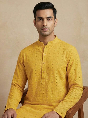 Vibrant Yellow Embroidered Cotton Kurta for Men